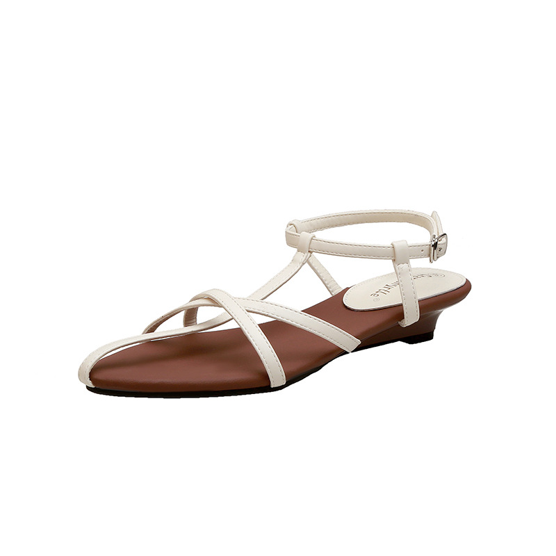 Sandalias de cinturón francés zapatos de mujer 2025 temperamento puntiagudo tacón de cuña salvaje estilo simple de una palabra con sandalias planas de temperamento