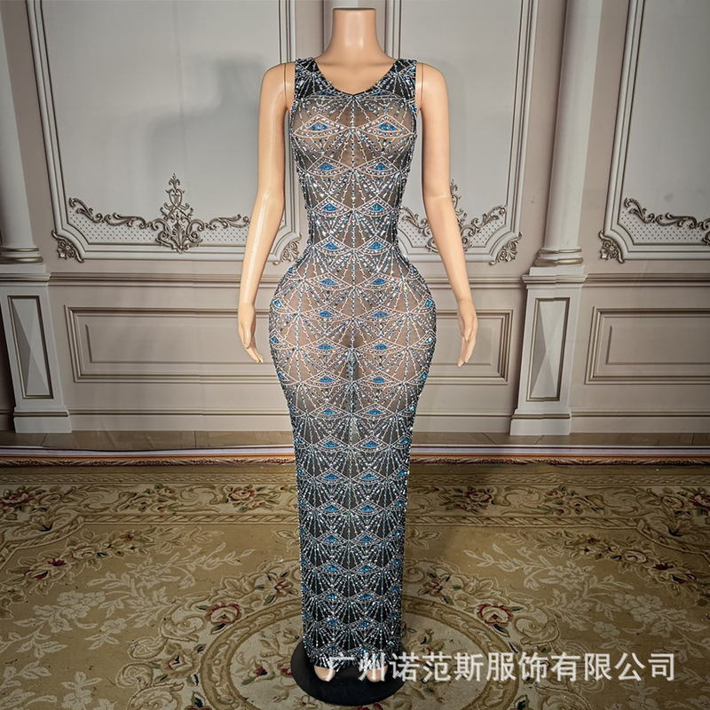Elegant Niche Pattern Peacock Blue Rhinestone Suspender Dress International Halo Miss Contest Singer Banquet Dress Elegant Niche Pattern Peacock Blue Rhinestone Suspender Dress International Halo Miss Contest Singer Banquet Dress