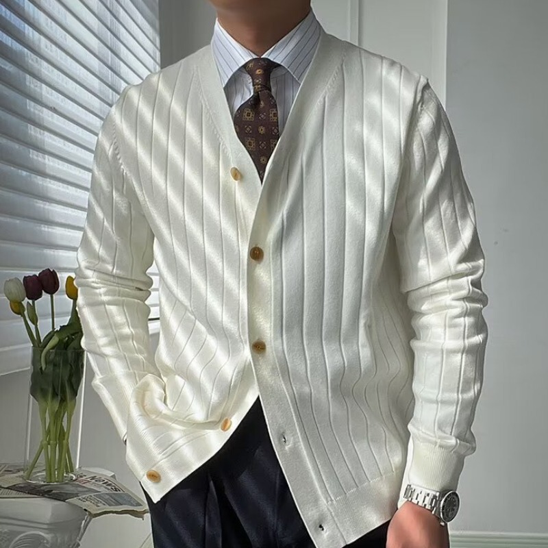 2025 Autumn Slim Textured Thin Cardigan Knitted Fashion Casual Trendy Men's Striped V Neck Sweater Small Jacket