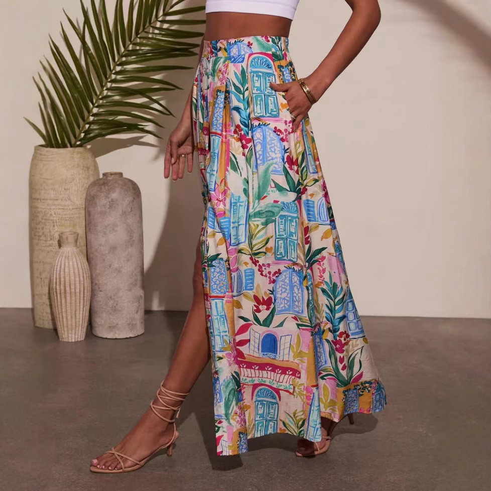 Damenbekleidung Bedrucktes Midi-Rockkleid Modischer Strandurlaubsstil mit Schlitz und Tasche Neu_voghion.com