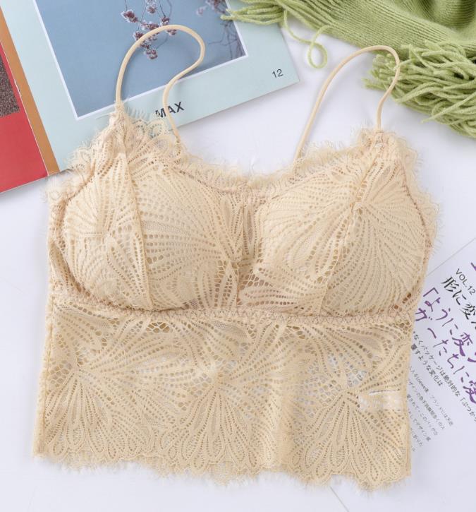 Nueva correa de hombro delgada encaje espalda envuelto pecho tubo superior sin anillo de acero con almohadilla de pecho bottoming camisola sujetador para las mujeres