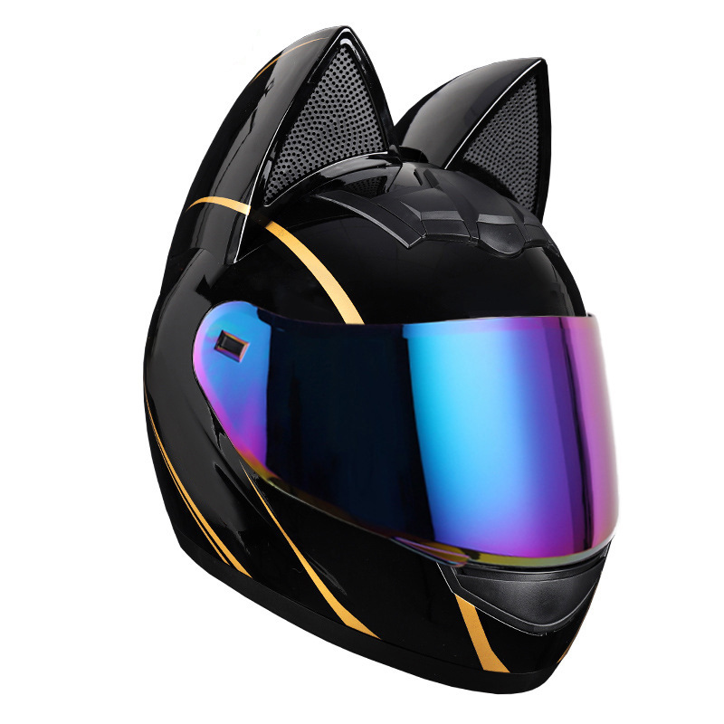 Casco de motocicleta eléctrica HNJ, casco integral con oreja de gato certificado 3C para mujer, verano, se puede equipar con auriculares Bluetooth, casco integral para motocicleta