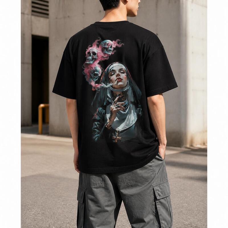 Black 3D Printed Pure Cotton Straight-Shoulder T-Shirt for Men, New Halloween Carnival Style
