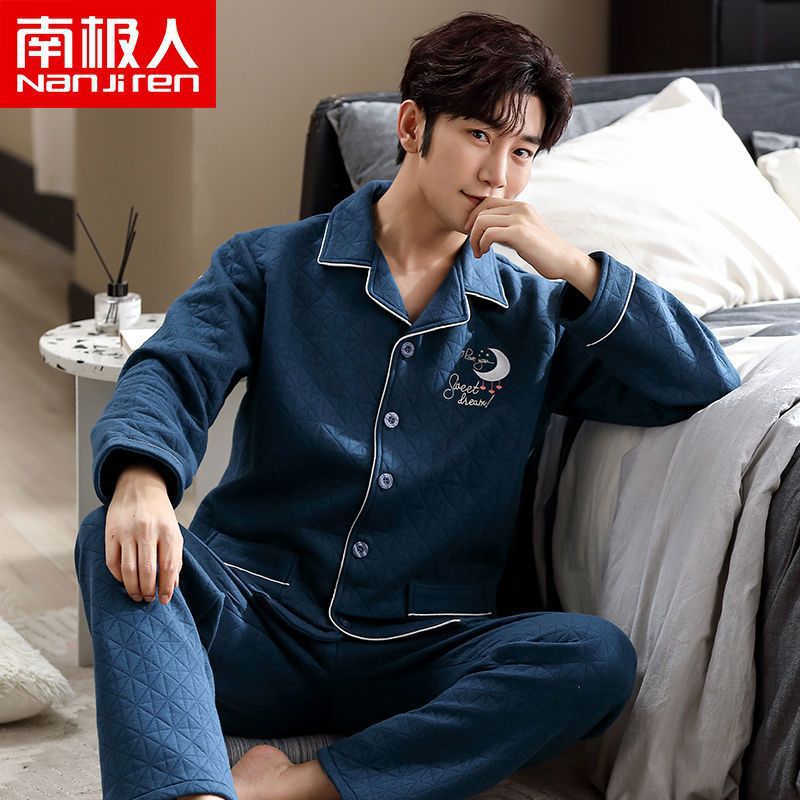 Pijamas hombres 100% algodón Otoño e Invierno Nuevo más tamaño joven y de mediana edad intercalar espesado cálido traje de primavera y otoño