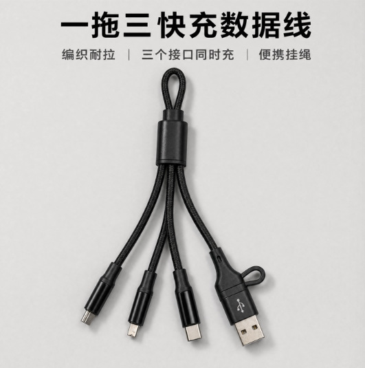 跨境三合一充电线多功能尼龙编织礼品线钥匙扣多接口一拖三数据线