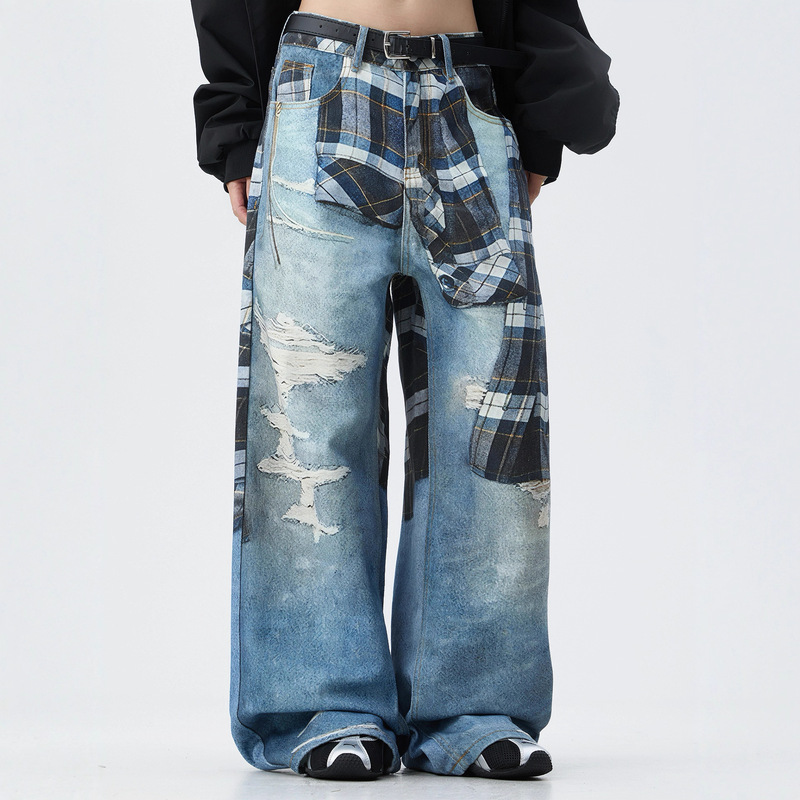 25Ss [Paris Sunset] French Trendy Brand Design Plaid Shirt Printing Trendyy Street Loose Retro Denim