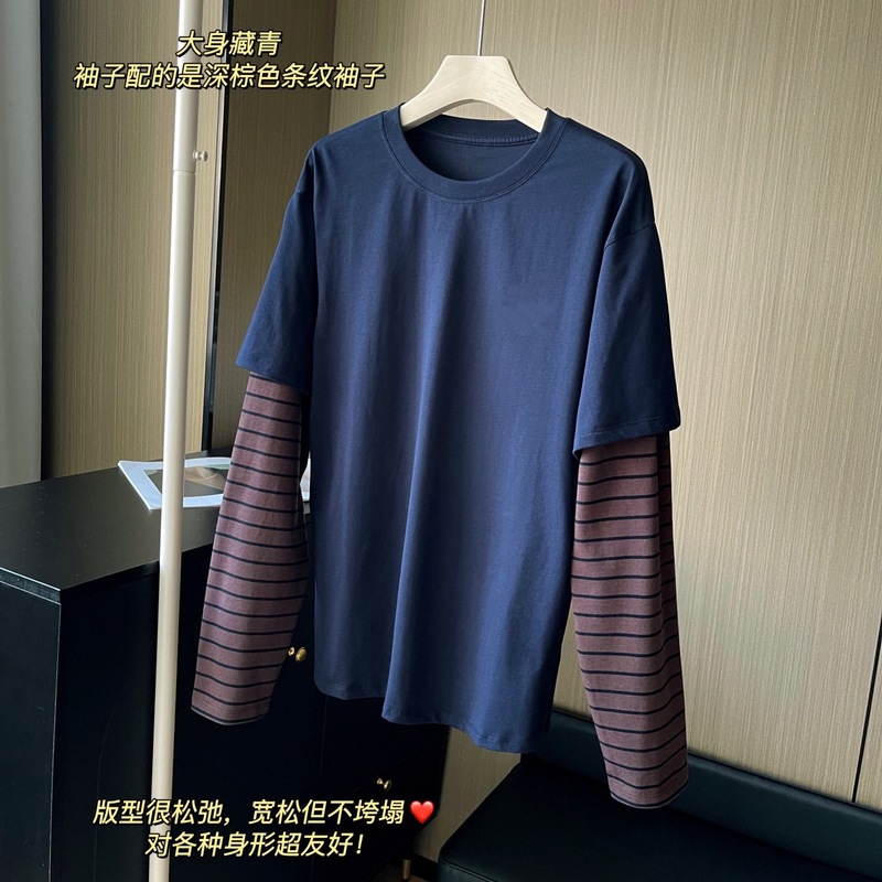 25秋季新款女休闲百搭字母贴布宽松假两件条纹卫衣T恤上衣0816w7|undefined
