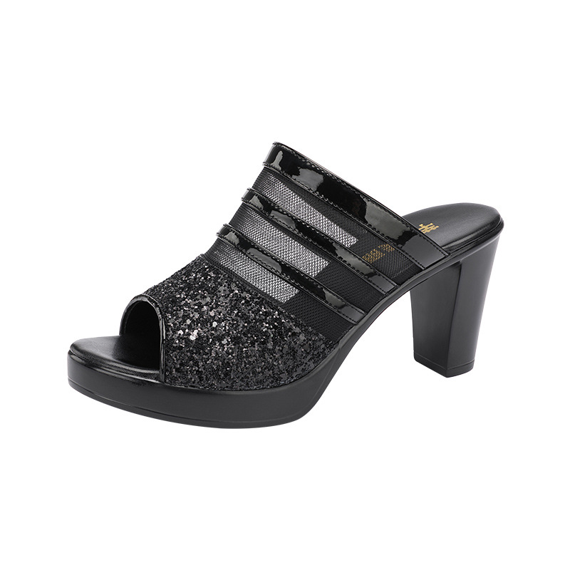 Dép sandal nữ hở mũi da mềm đế dày gót thô 8 cm — Trắng 8cm, Màu đen 8cm