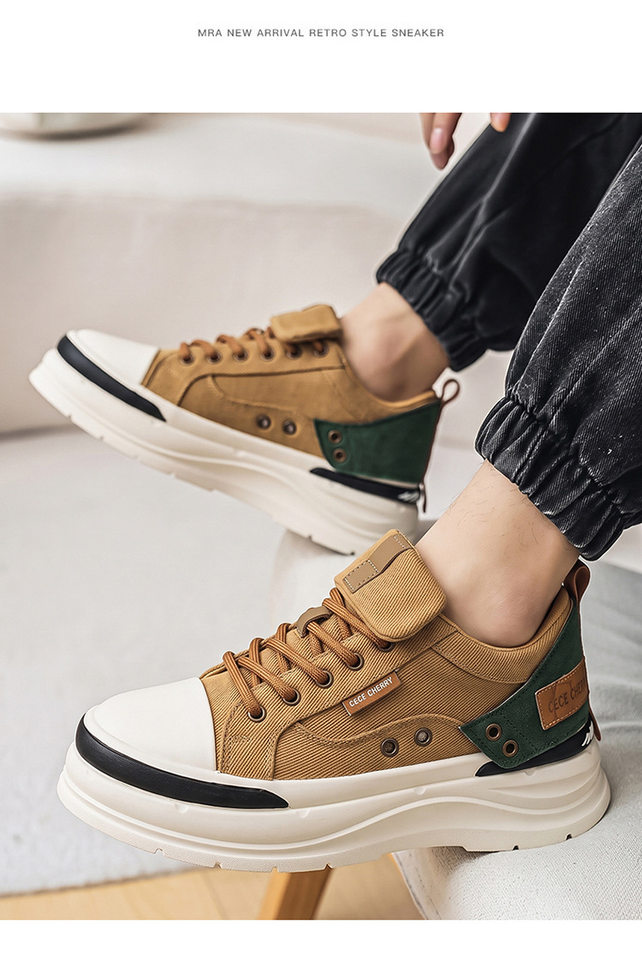Giày vải nam cổ thấp phong cách retro, đế mềm tăng chiều cao, dây buộc — YH398 màu kaki, YH398 màu đen chi tiết 12
