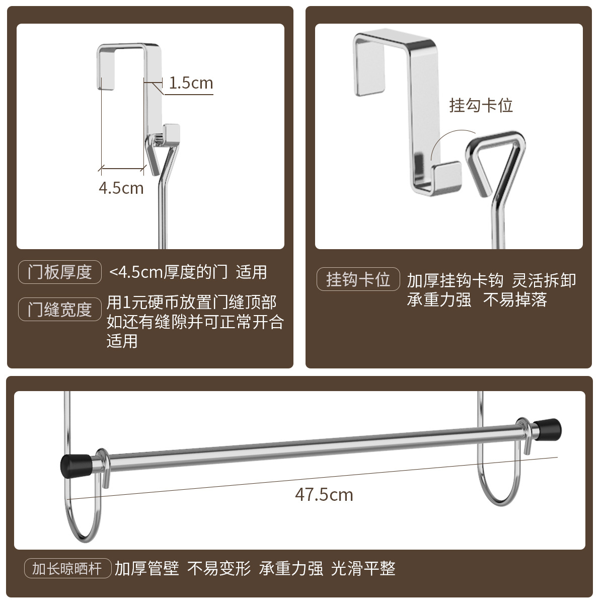 Galvanoplastia transfronteriza de tres capas puerta trasera gancho puerta de baño tipo espalda percha de toallas de baño sin marcas perforación percha de toallas