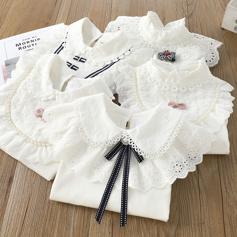 Girls' White T-Shirt Top, Spring and Autumn Children's Collared Pearl Shirt, Lace-Trimmed Base Shirt for Older Girls Girls' White T-Shirt Top, Spring and Autumn Children's Collared Pearl Shirt, Lace-Trimmed Base Shirt for Older Girls