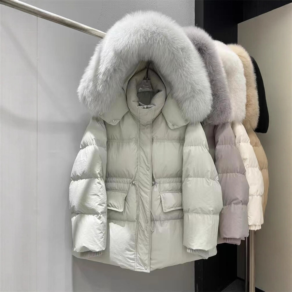 广州十三行羽绒服狐狸大毛领2025新款白鹅绒宽松长款收腰过膝外套