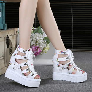 Fishmouth Sandals Women's Hollow Inner Height Breathable Mesh Shoes Platform Thick Bottom Wedge Heel High Heel 11cm Roman Student Sandals