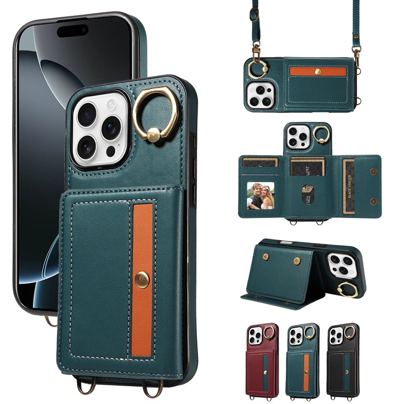 适用iPhone16仿真皮纹拼接指环扣手机皮套苹果15插卡S24保护套A55