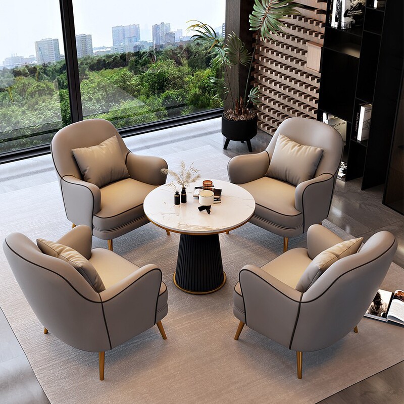 Light Luxury Style Gray and Brown Color-Blocking Single-Seater Meeting Chair Set for Sales Offices and Hotels, Modern Leisure Reception Table and Chair Combination Set