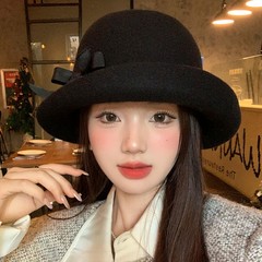 千金风黑色优雅蝴蝶结珍珠礼帽女秋冬复古卷边盆帽小香风渔夫帽子
