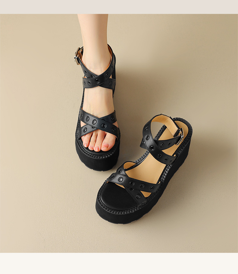 Sandal cao gót nữ quai chéo đế xuồng gót 11 cm, phong cách La Mã đinh tán — Đen 11cm, Đen 9cm chi tiết 9