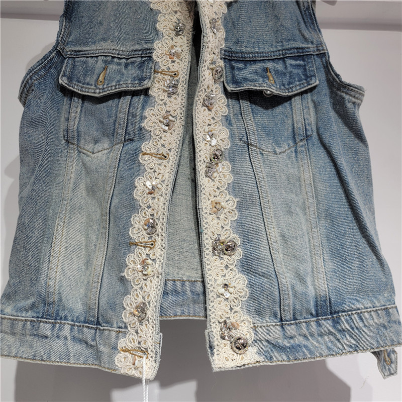 Hong Kong primavera nueva ropa de mujer retro encaje empalme de diamante cuello redondo chaqueta corta denim chaleco mujer