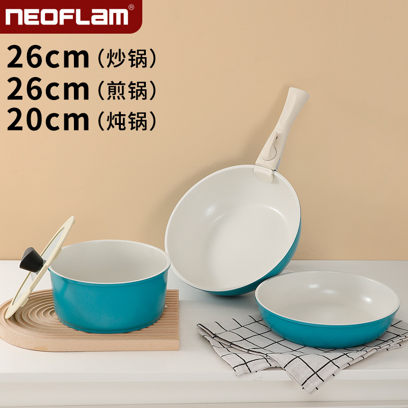 Neoflam cerámica sartén antiadherente conjunto de tres piezas extraíble wok sartén freír sopa olla apilamiento olla
