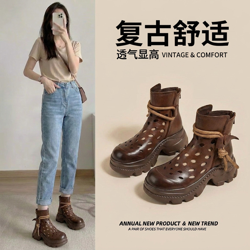 Ysshadir2026 Versatile High-Top Clogs with Chunky Heels, Side Zipper, Front Lace-Up, Roman Sandals, First Layer Cowhide Leather