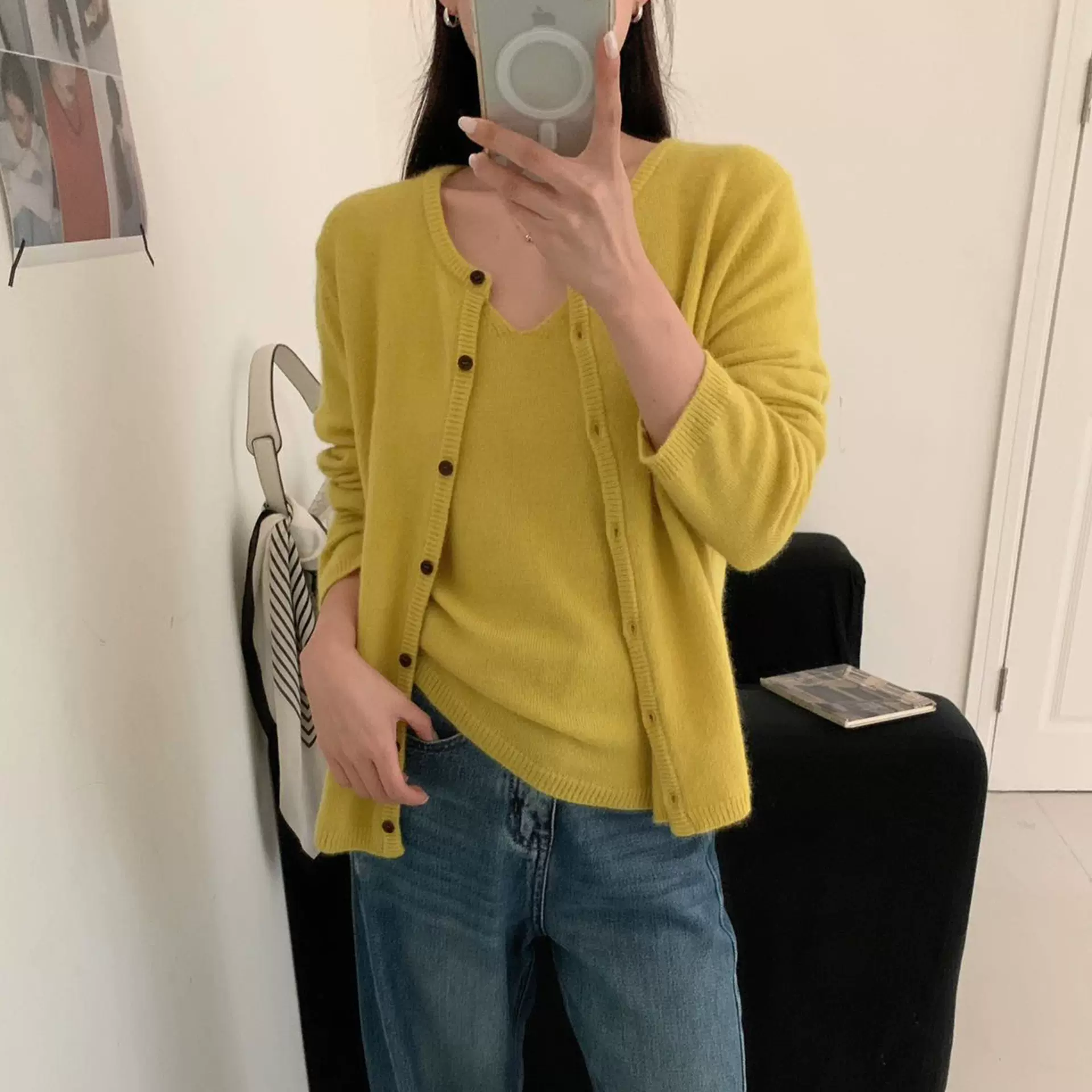 圆领开衫浣熊单排扣毛衣针织衫外套女士宽松秋冬简约吊带内搭套装