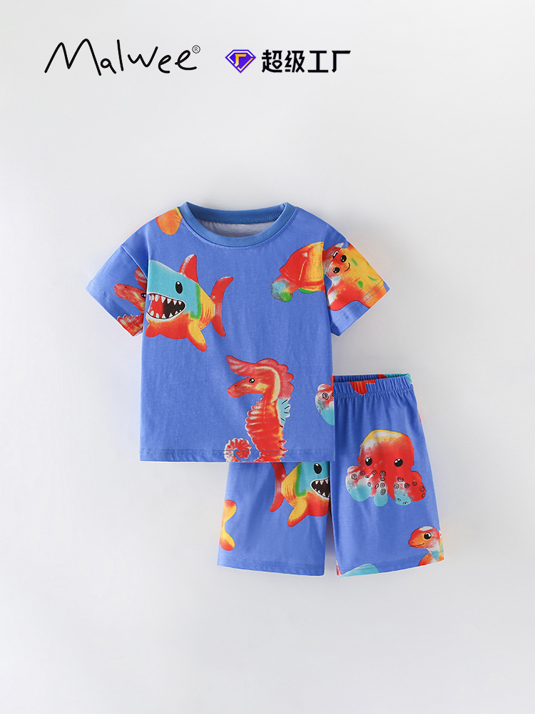 Malwee Niño dos piezas de verano nuevo estilo europeo y americano niño de cuello redondo mangas cortas guapo niño pequeño traje casual