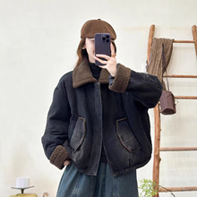 牛仔棉衣女 2025冬季新款 复古宽松百搭毛领拼接长袖加棉保暖外套