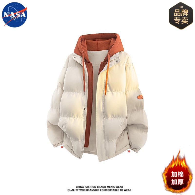 Nasa Brand Hooded Cotton Jacket Men's 2025 Winter New Fake Two-Piece Couple's Thickeneded Casual Cotton Jacket