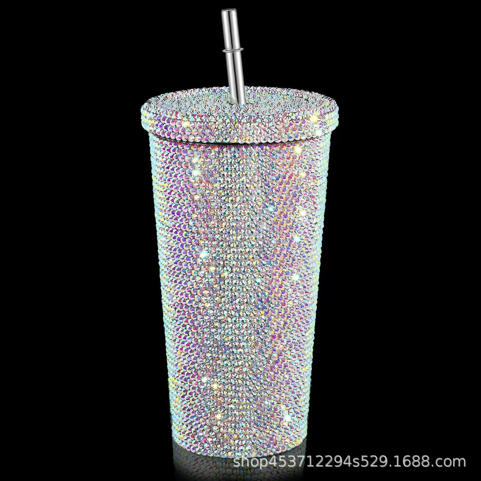 跨境外贸镶钻保温杯双层不锈钢吸管杯贴水钻咖啡杯礼品杯亚马逊tm