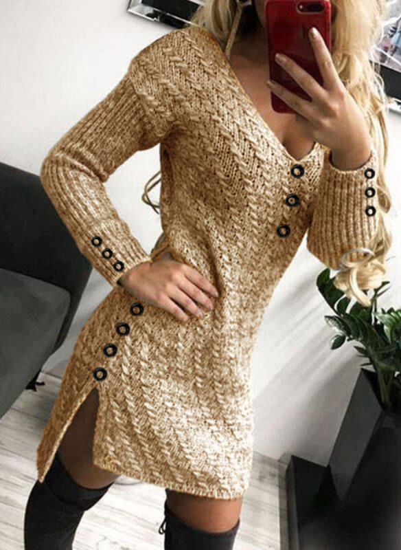 Knit V-Neck Slim Tight-Fitting Solid Color Split Sweater Dress NSPZN105089