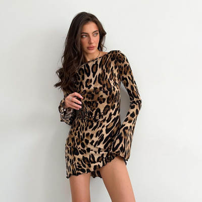 European and American Cross-border Women's Wear Spring 2024 New High Waist Crewneck Long Sleeve dress Distinctive Street Leopard Print Skirt