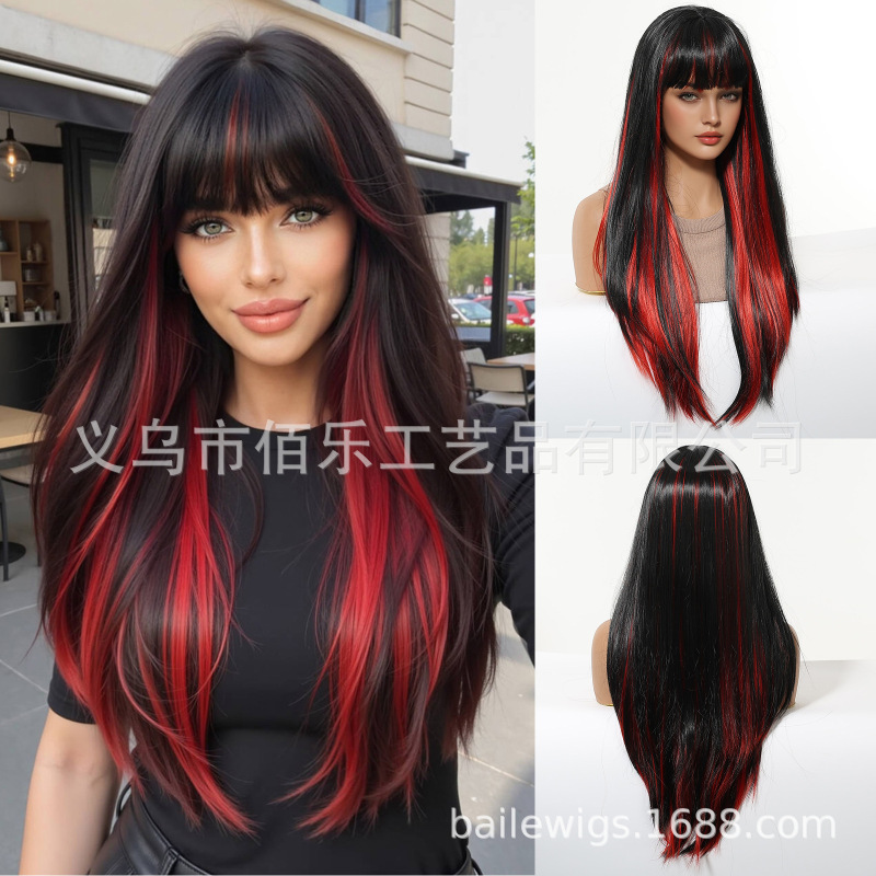 High-Quality Black and Red Highlights Long Straight Hair Wig with Bangs, Layered Cut, High-Temperature Fiber Material, 1688 Factory