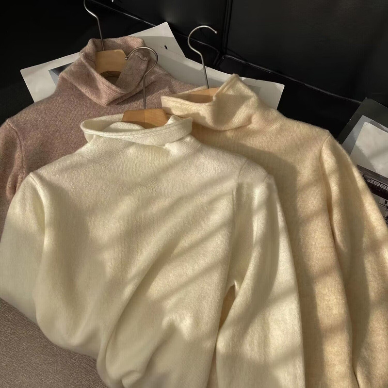 Korean Style High-Neck Versatile Women's Pure Wool Sweater Autumn and Winter Slouchy Collar Loose Cashmere Inner Sweater Plus Size Base Shirt