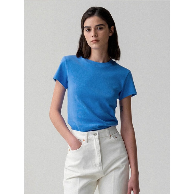 Klein Blue Ins-Style Short-Sleeve Regular Shoulder T-Shirt for Women, Slim Fit, Waist-Cinching, 2026 New Summer Model, Round Neck Top Klein Blue Ins-Style Short-Sleeve Regular Shoulder T-Shirt for Women, Slim Fit, Waist-Cinching, 2026 New Summer Model, Round Neck Top