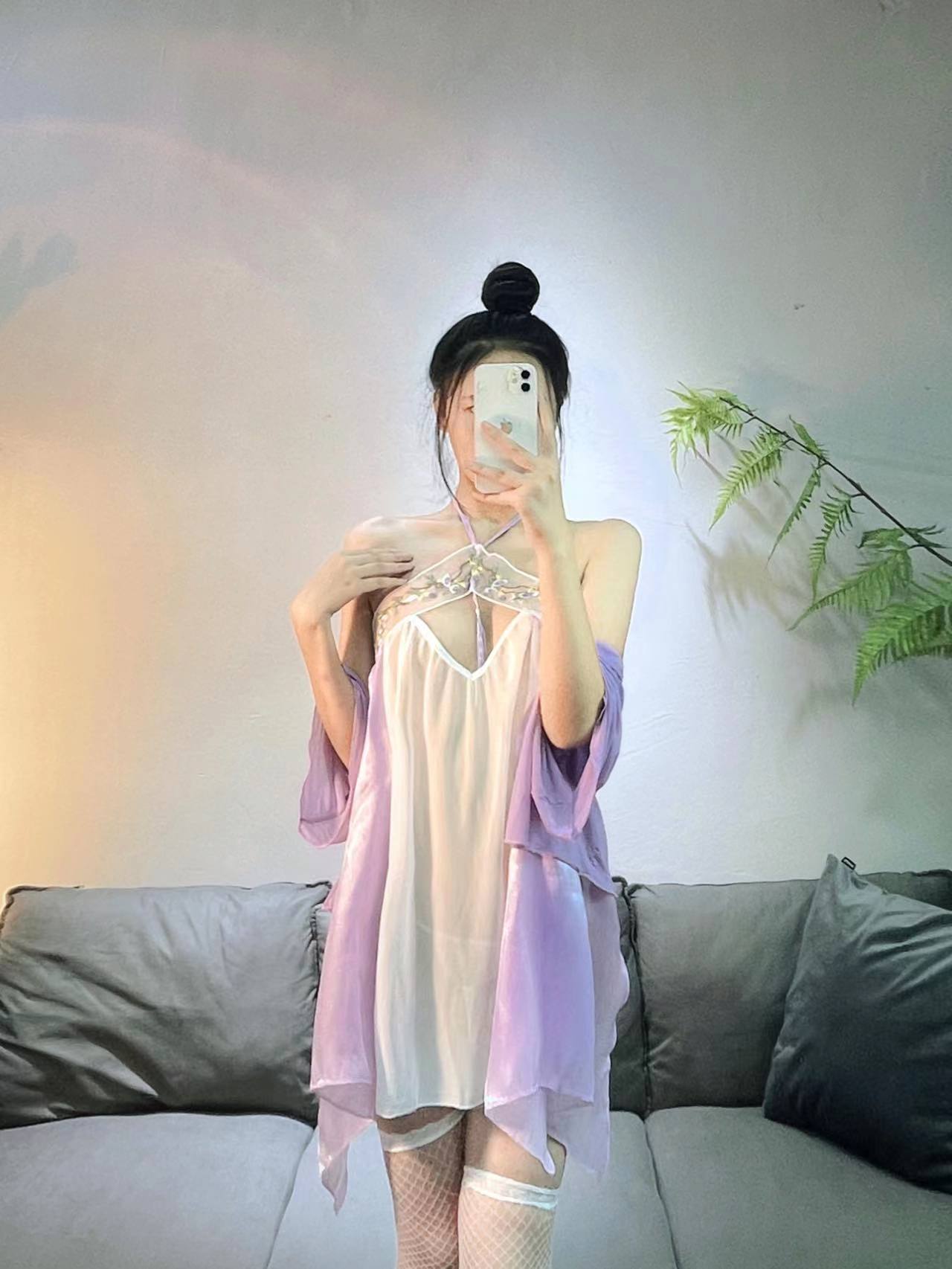 Maid Roleplay Costume Set with Halter Hanfu Top, Chiffon Fabric, Purple Three-piece — detail image 5