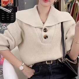秋冬新款韩版设计感宽松针织衫上衣慵懒风大翻领套头毛衣女潮