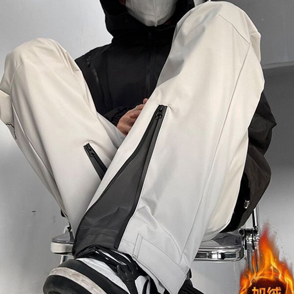 American Style Straight Functional Windproof Sports Thickened Snow Rusk Pants Winter Ski fleece-lined Tooling Pants Men's High Street