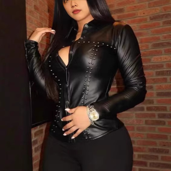 New Autumn European and American Women's Clothing for Foreign Trade, Cross-Border Amazon Independent Site Pu Tight-Fitting Beaded Women's Shirts, Wholesale in Stock