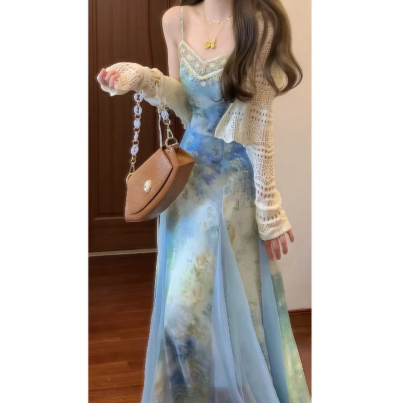 夏のドーパミン海辺の休暇の服装、写真撮影、絶妙なスカート、サスペンダー、ブルーのレトロなドレス|undefined