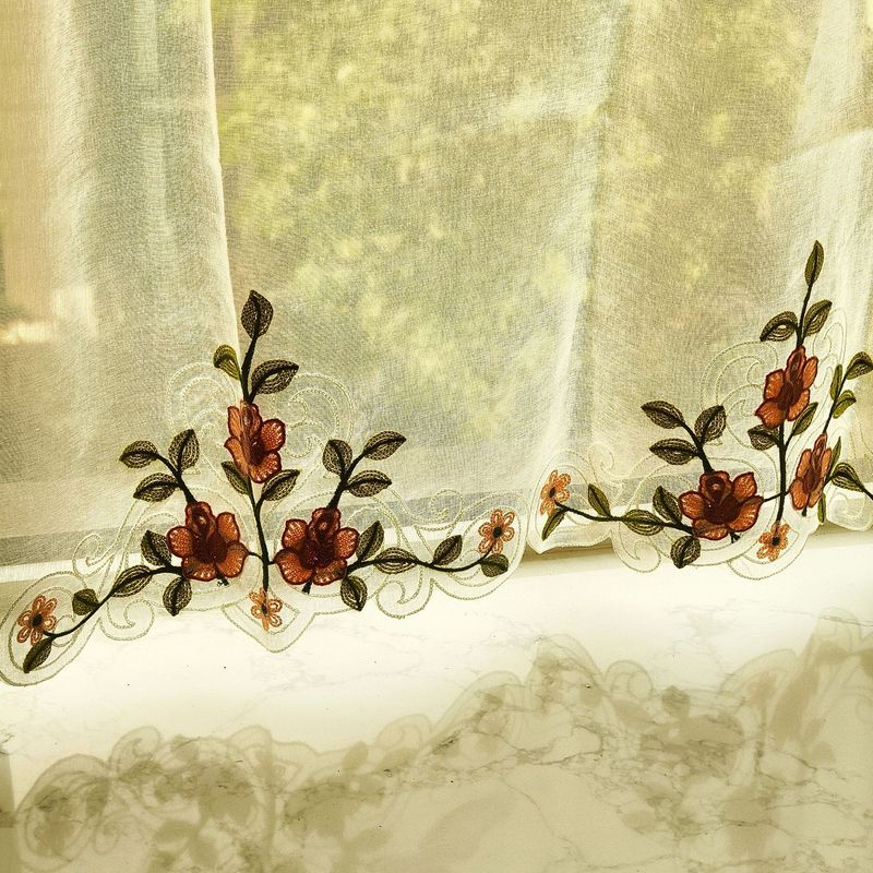 立体毛线绣花彩色花蔓 半遮光窗帘咖啡帘成品穿杆隐私遮挡帘|undefined