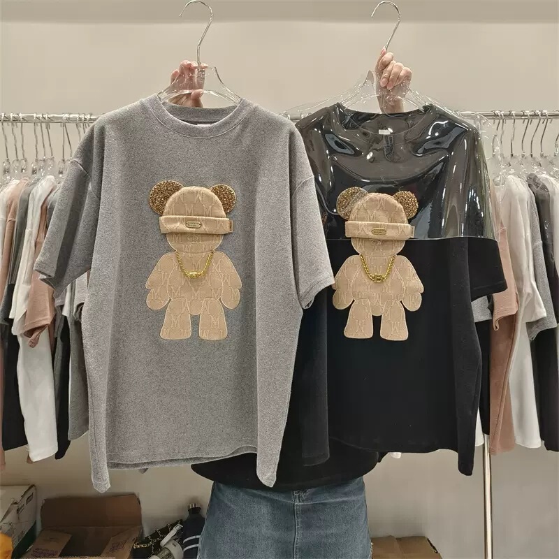 Winter thickened sanding half sleeve T-shirt 2023 spring and summer new European loose large version long short sleeve top women's