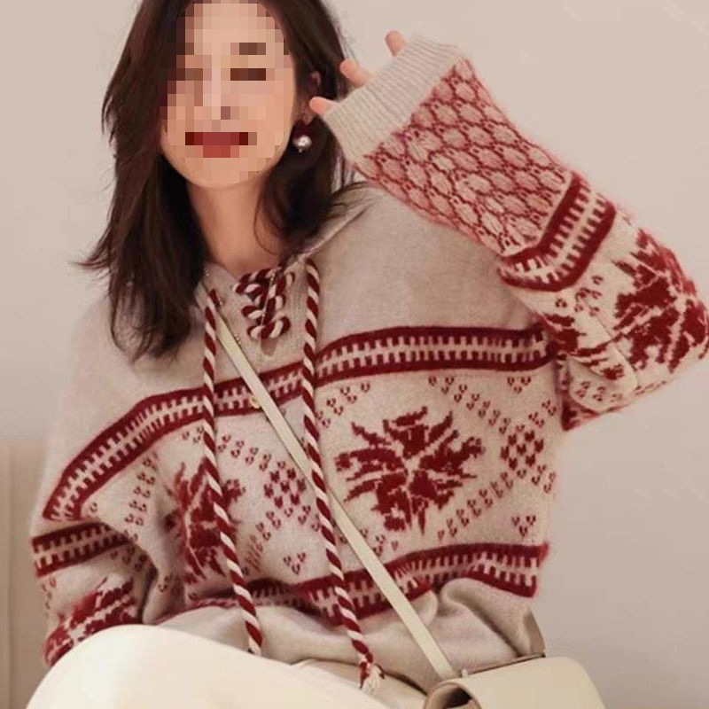 Christmas Red Sweater for Women in Autumn and Winter, Lazy Style, Soft and Waxy, Loose Pullover, Long-Sleeved Raccoon Velvet Top Jacket