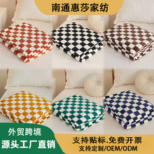 外贸跨境黑白棋盘格法兰绒毛毯秋冬加绒盖毯沙发毯空调毯厂家批发