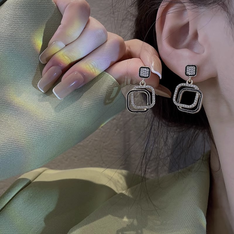 925 Silver Needle Double Layer Square Diamond Stud Earrings for Women - New Korean Influencer Style, Lightweight Luxury High-End Earrings