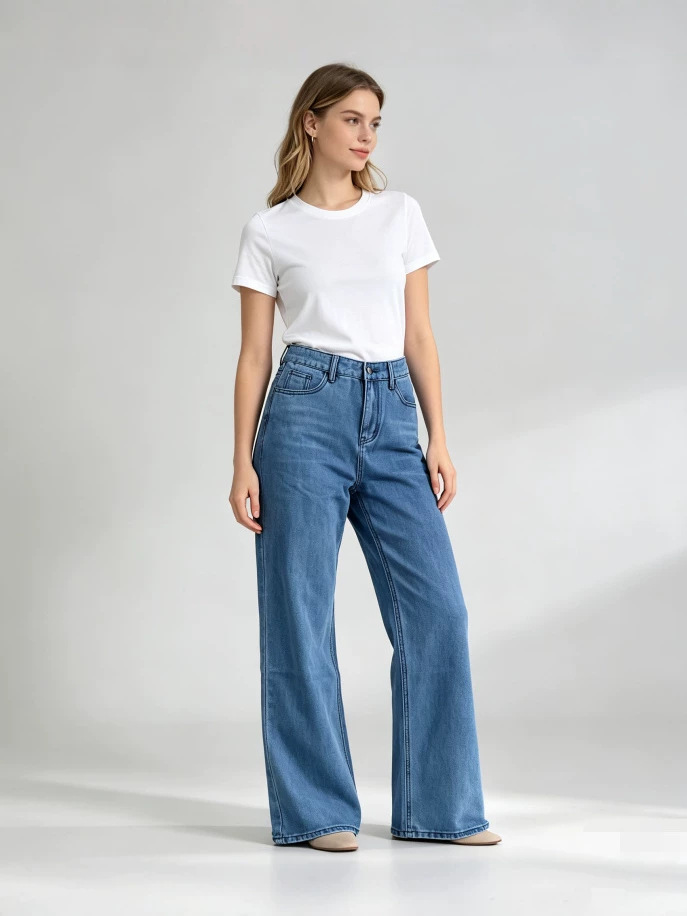 Jeans Rectos de Tiro Alto para Mujer de Mezclilla de Algodón, Sin Elasticidad, Lavado con Agua image 3