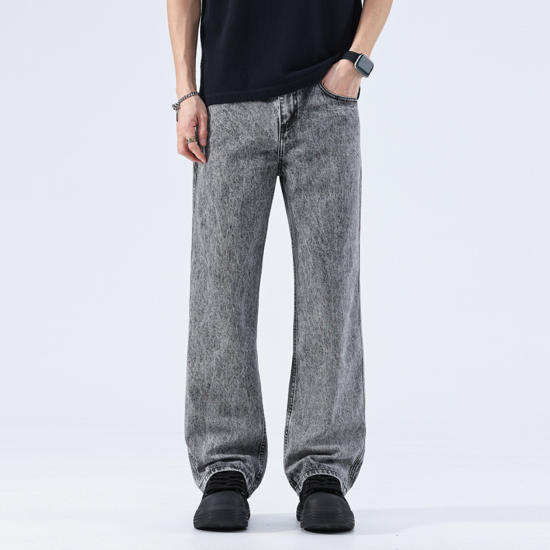 New Graphite Gray Acid-Washed Non-Stretch Straight-Leg Jeans for Men, In-Stock Long Pants from Domestic First and Second-Tier Brands