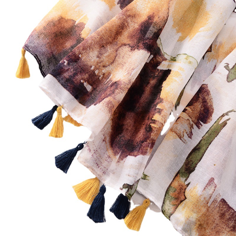 Estilo étnico suave algodón y lino sensación bufanda de seda renderizado pintura de tinta borla bufanda grande viajes Toalla de playa protector solar chal