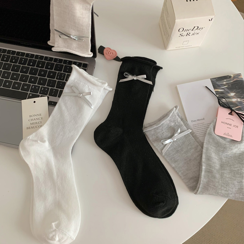 Korean-style Sweet silver Leather Label Bow Socks Women's Spring and Summer Thin Japanese-style Solid Color Girl's Roll-up Pile Socks for Women