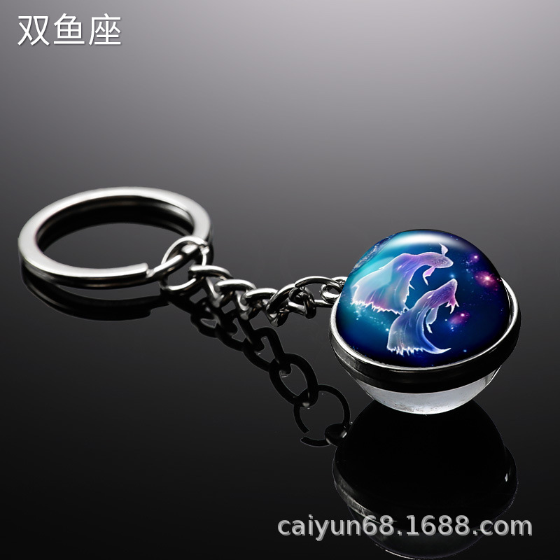 Transfronterizo 12 constelaciones de luz nocturna bolsos colgantes de bolsas de joyas de tiempo doble cara bola de vidrio llavero al por mayor