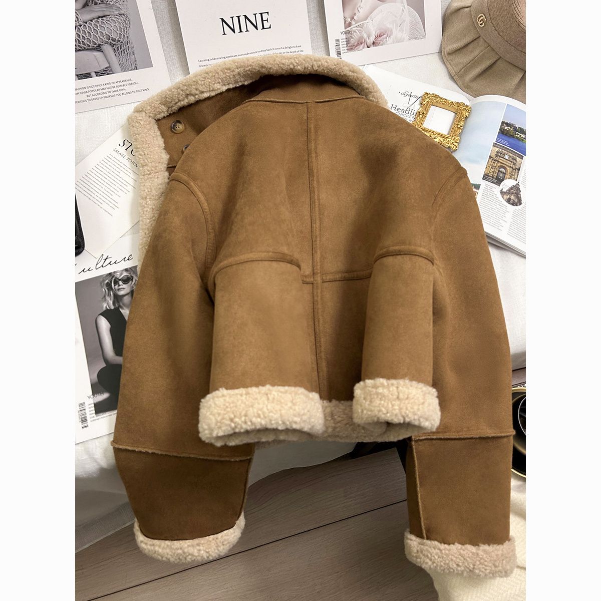 Suede Fur All-In-One Jacket Women's Short Thickened Autumn and Winter New Loose Lamb Hair Splicing Motorcycle Jacket